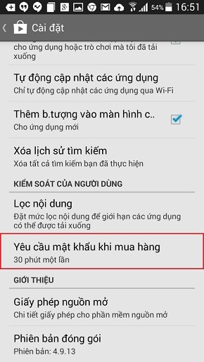 Cài đặt mật khẩu cho CH Play