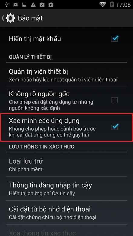 Kích hoạt tính năng xác minh các ứng dụng