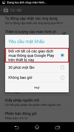 Chọn Đối với tất cả các giao dịch mua thông qua Google Play trên thiết bị này.