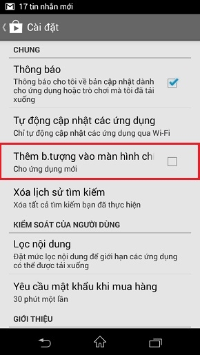 Bỏ chọn Thêm b.tượng vào màn hình chính.