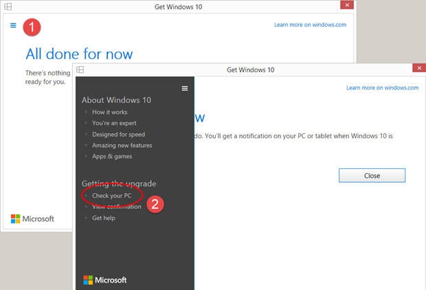 Chọn biểu tượng menu rồi chọn “Check your PC” (2).