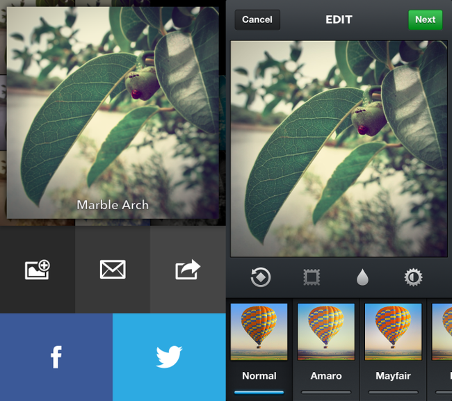 Phía dưới là 5 nút nhấn tùy chọn cơ bản gồm: lưu ảnh vào Camera Roll, Email, Open In, Facebook và Twitter