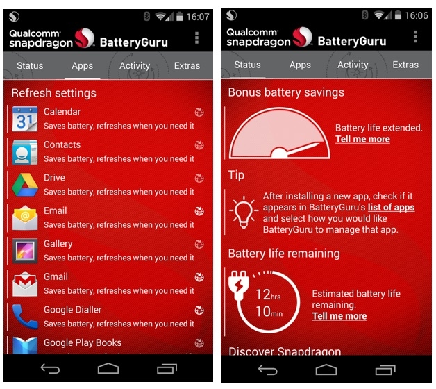 Giao diện ứng dụng Snapdragon BatteryGuru trên LG G3