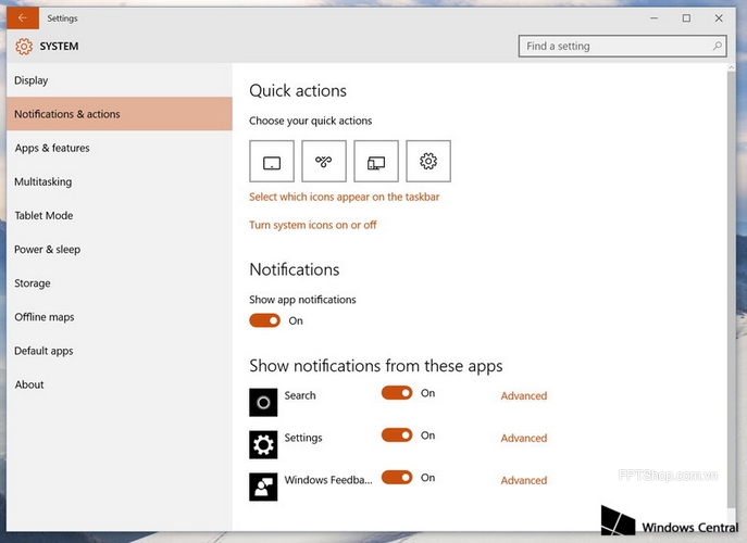 vào mục System Settings, ở tab Notification &actions