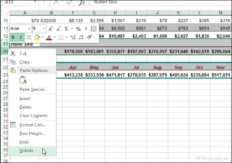 Chọn lệnh Unhide để thôi ẩn cột và hàng trong Excel