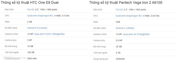 Cấu hình HTC One E8 Dual và Pantech Vega Iron 2