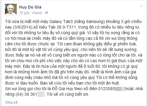 Đoạn status trên trang cá nhân của ông Huy