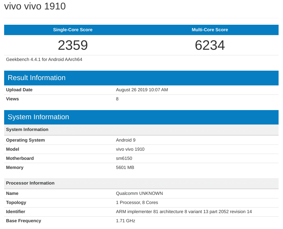 Vivo 1910 lộ diện trên Geekbench