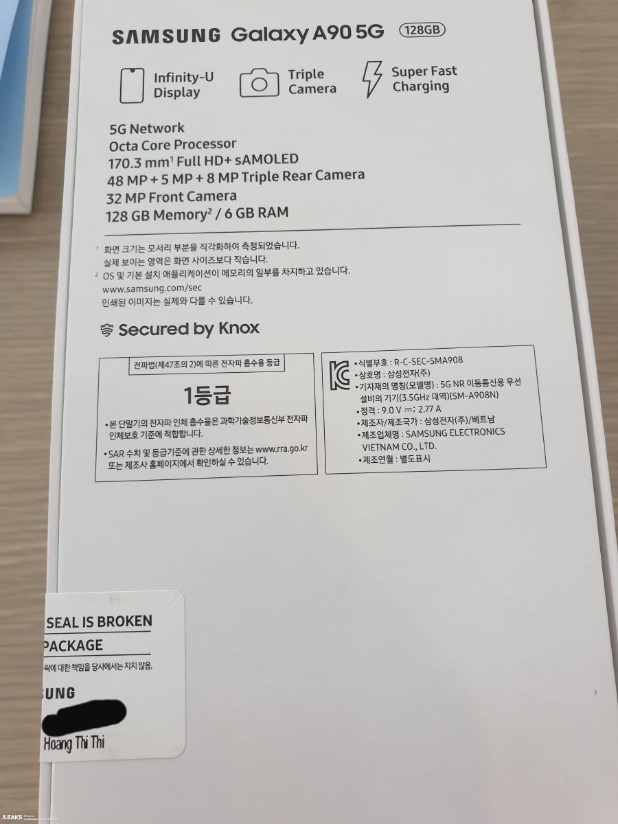 Samsung Galaxy A90 5G rò rỉ cấu hình thông qua vỏ hộp 2 Samsung Galaxy A90 5G rò rỉ cấu hình thông qua vỏ hộp 2