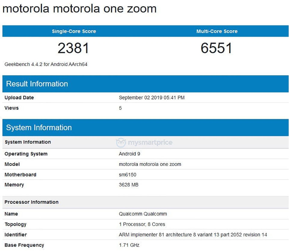 Motorola One Zoom lộ cấu hình trên Geekbench