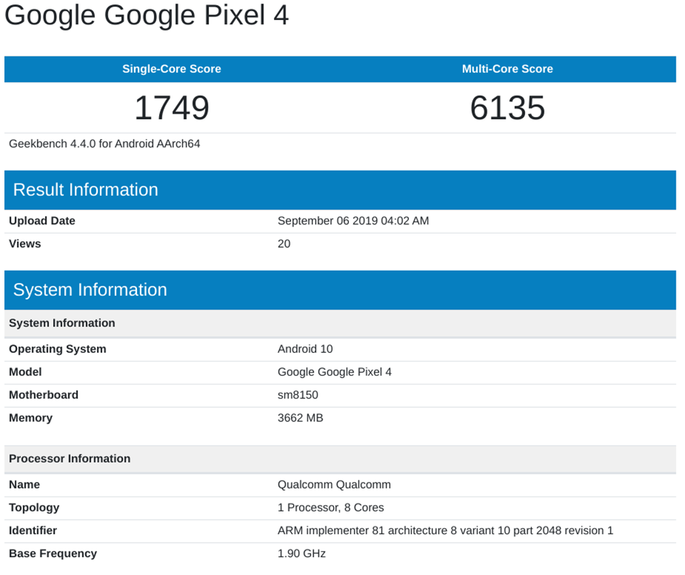 Điểm Geekbench Pixel 4