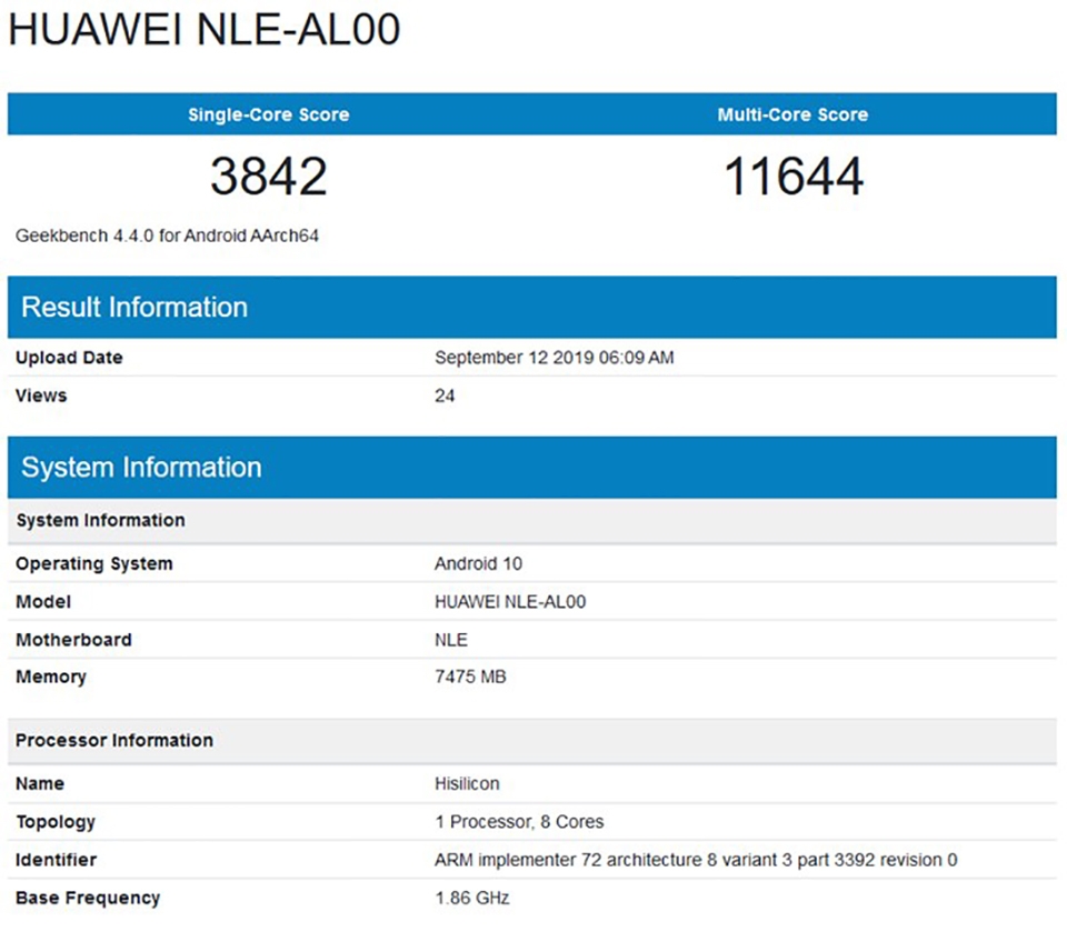 Huawei Mate 30 xuất hiện trên Geekbench? Huawei Mate 30 xuất hiện trên Geekbench?