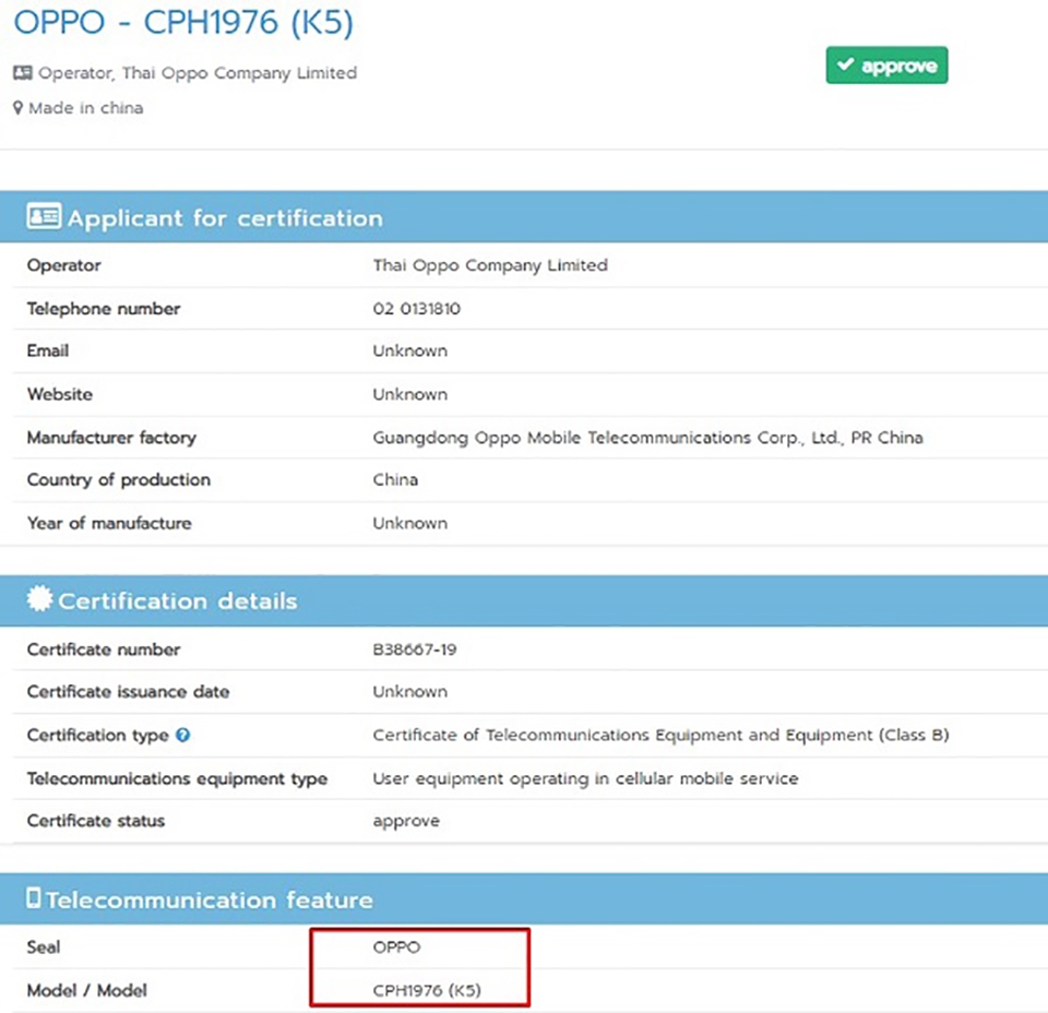 OPPO K5 đạt chứng nhận tại Thái Lan (ảnh 1)