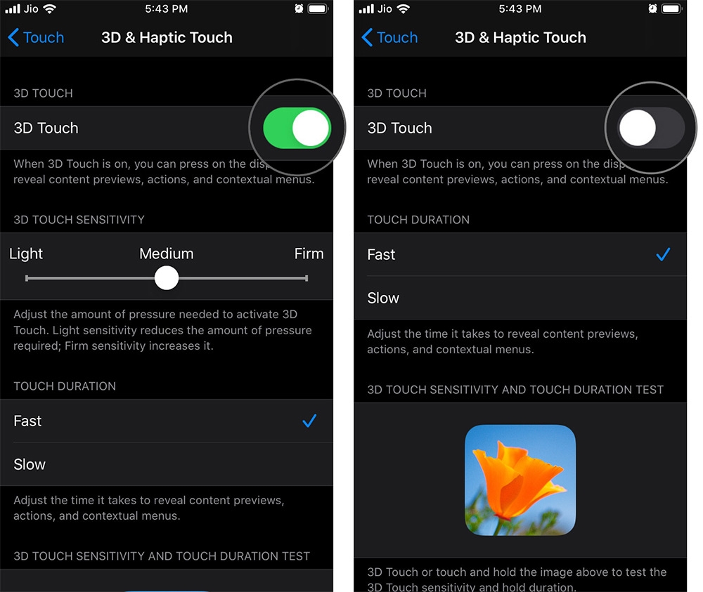 Gạt nút màu xanh để tắt tính năng 3D Touch Gạt nút màu xanh để tắt tính năng 3D Touch