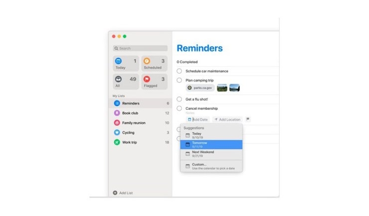 tính năng Reminder MacOS catalina