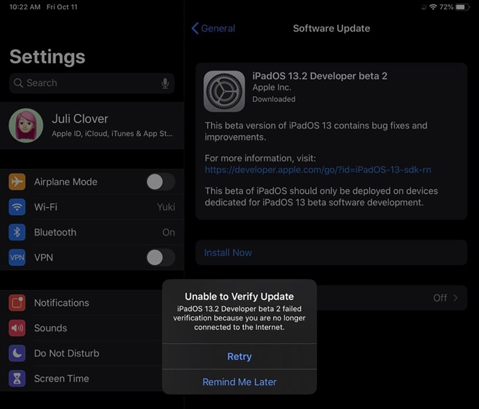 iPadOS 13.2 beta 2 bị lỗi