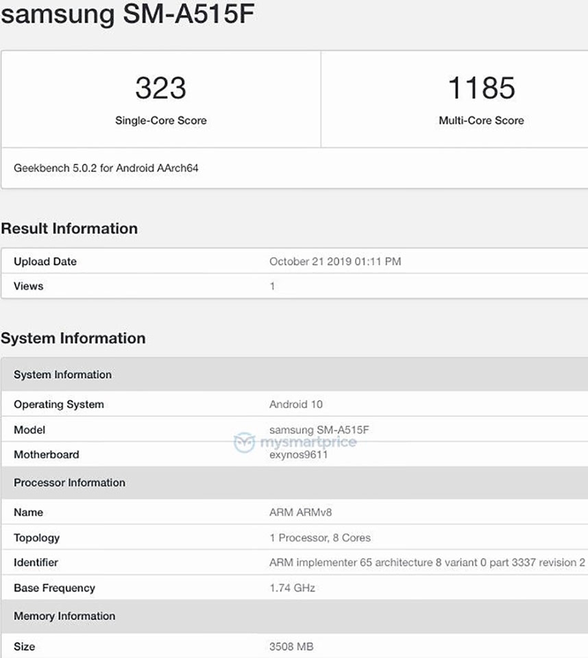 Galaxy A51 lộ cấu hình trên Geekbench Galaxy A51 lộ cấu hình trên Geekbench