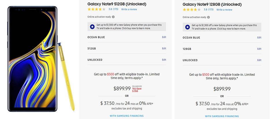 Giá bán Galaxy Note 9 bản 512GB và 128GB Giá bán Galaxy Note 9 bản 512GB và 128GB