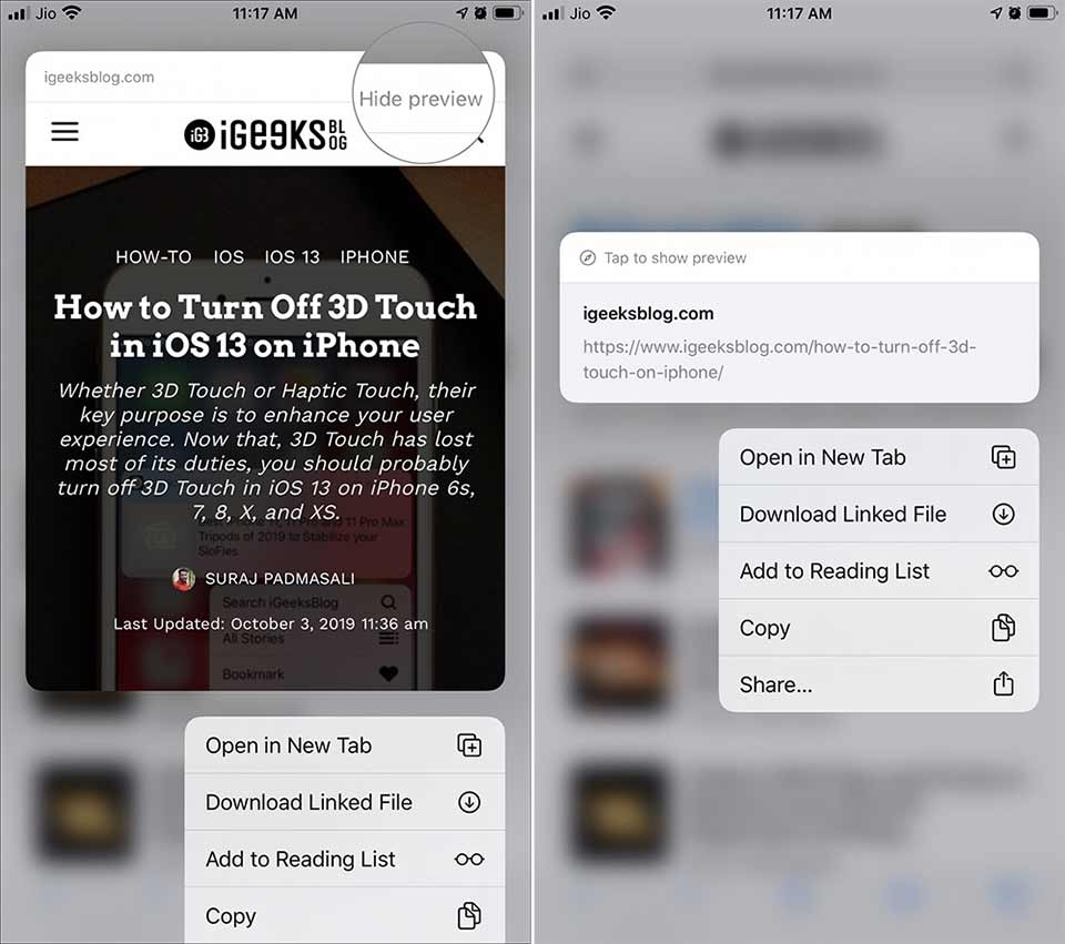 Tắt Link Preview trên iOS 13