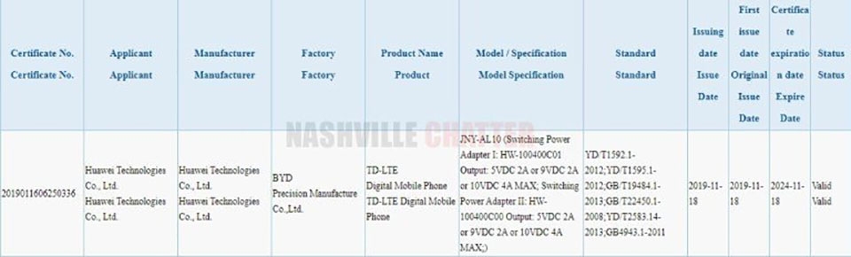 Huawei JNY-AL10 đạt chứng nhận 3C