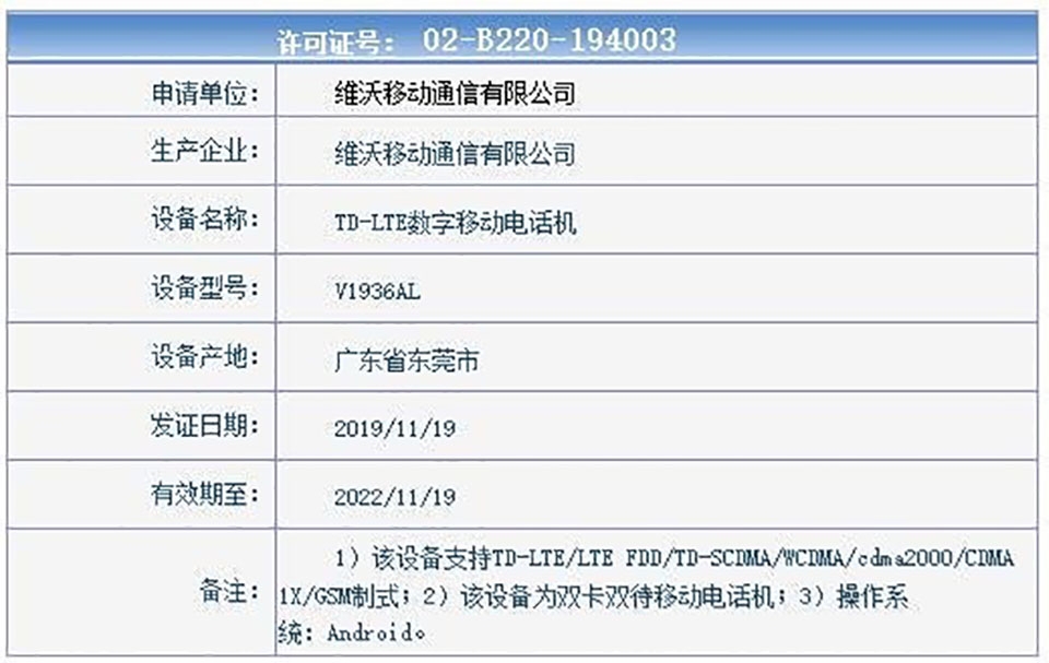Vivo V1936A đạt chứng nhận TENAA (ảnh 2)