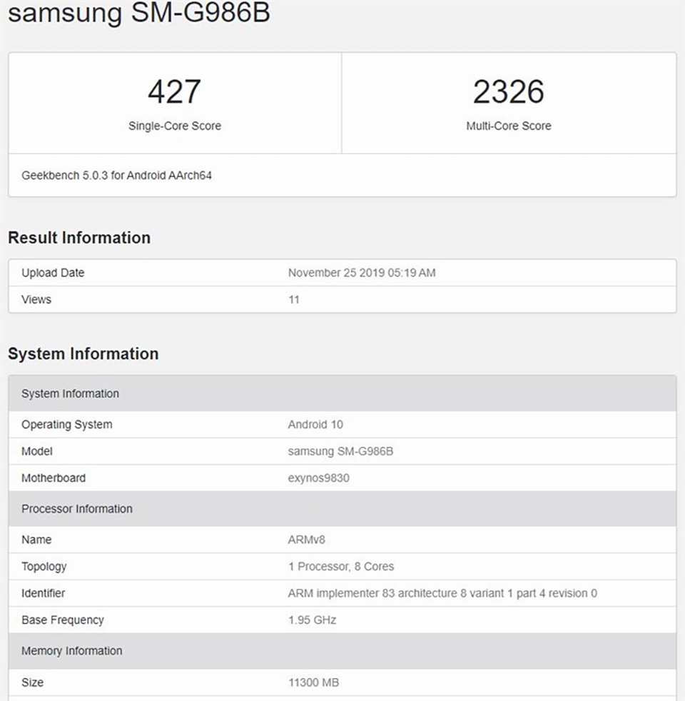 Galaxy S11 5G xuất hiện trên Geekbench Galaxy S11 5G xuất hiện trên Geekbench