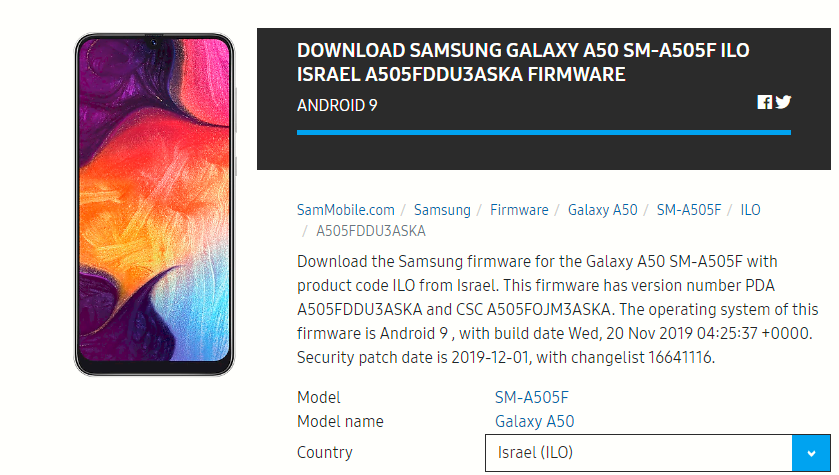 Samsung Galaxy A50 nhận bản vá bảo mật tháng 12/2019