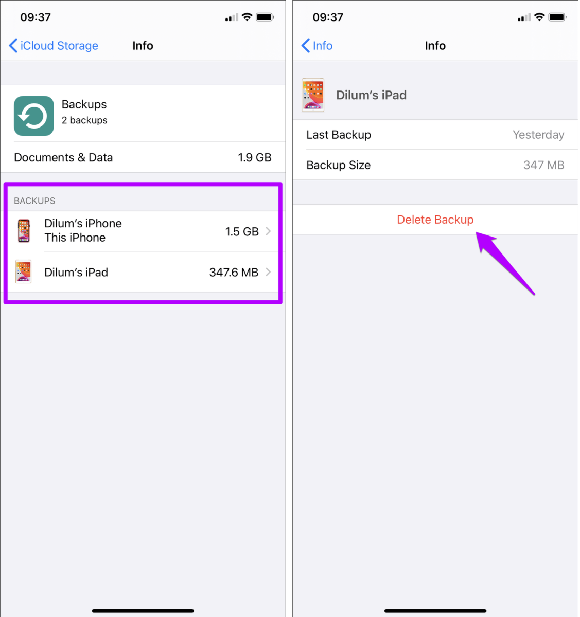 xóa backup trên iCloud