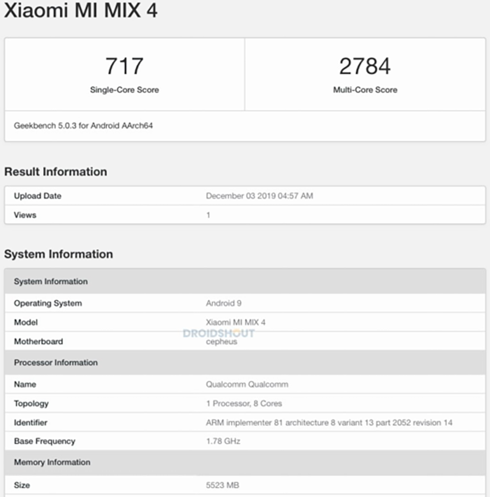 Xiaomi Mi MIX 4 lộ cấu hình trên Geekbench Xiaomi Mi MIX 4 lộ cấu hình trên Geekbench