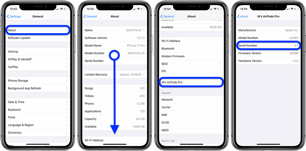 tìm số seri của airpods pro