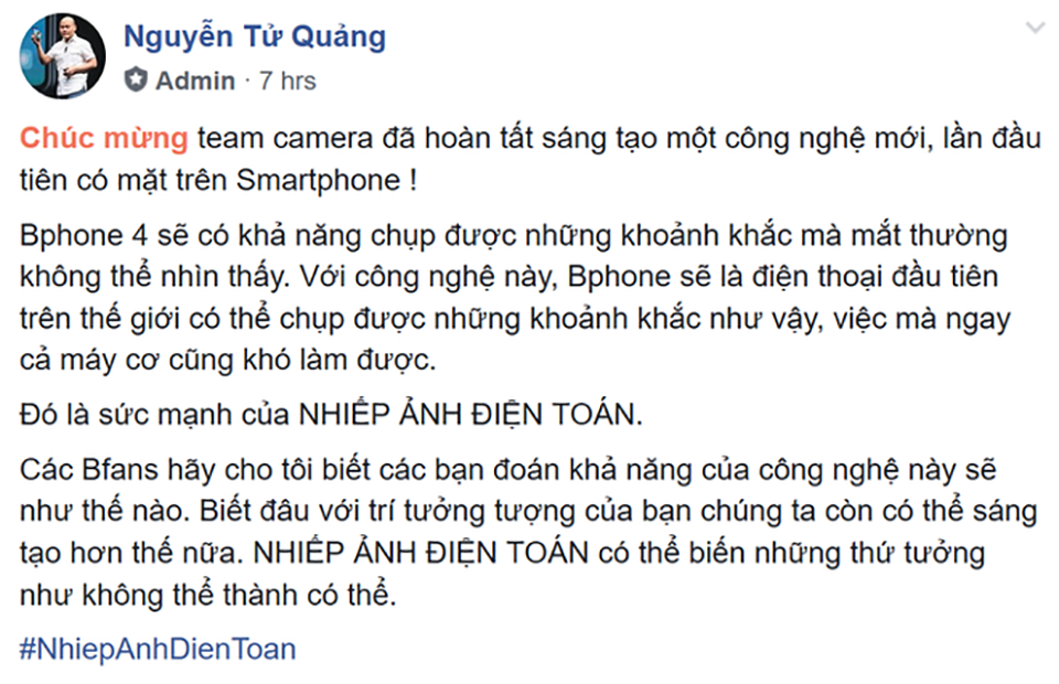 Chia sẻ của ông Quảng về Bphone 4 trên Facebook