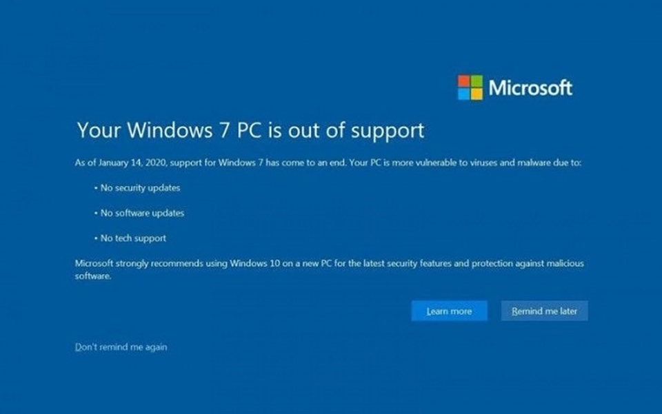 Windows 7 sẽ ngừng hỗ trợ vào ngày 14/1/2020