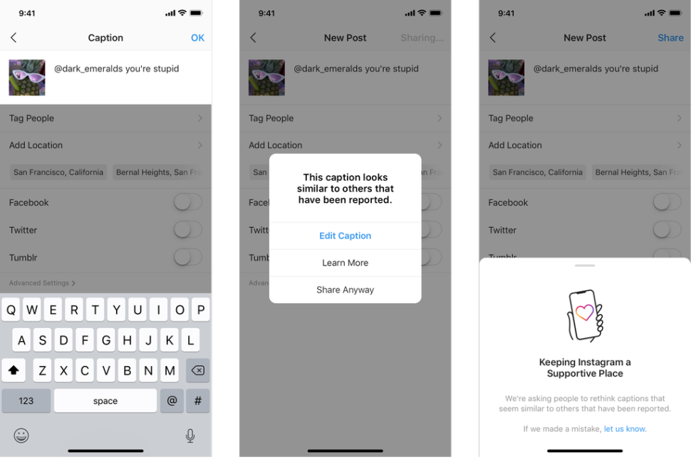 instagram cảnh báo nội dung