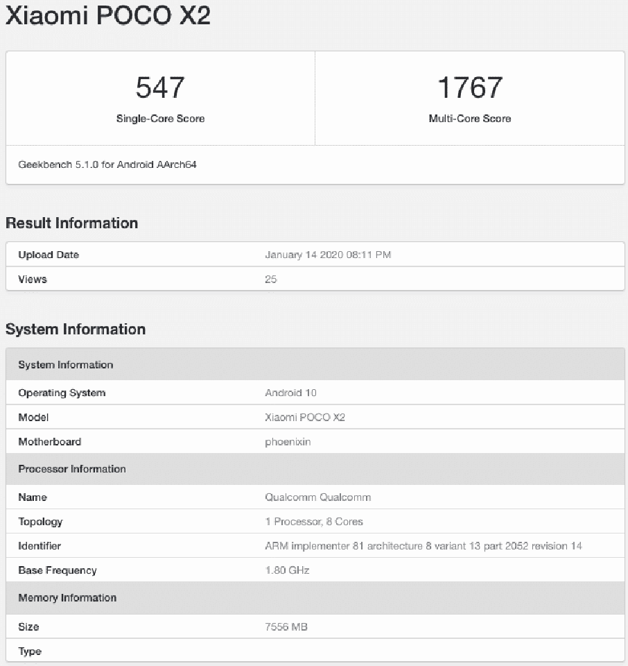 Poco X2 xuất hiện trên Geekbench Poco X2 xuất hiện trên Geekbench