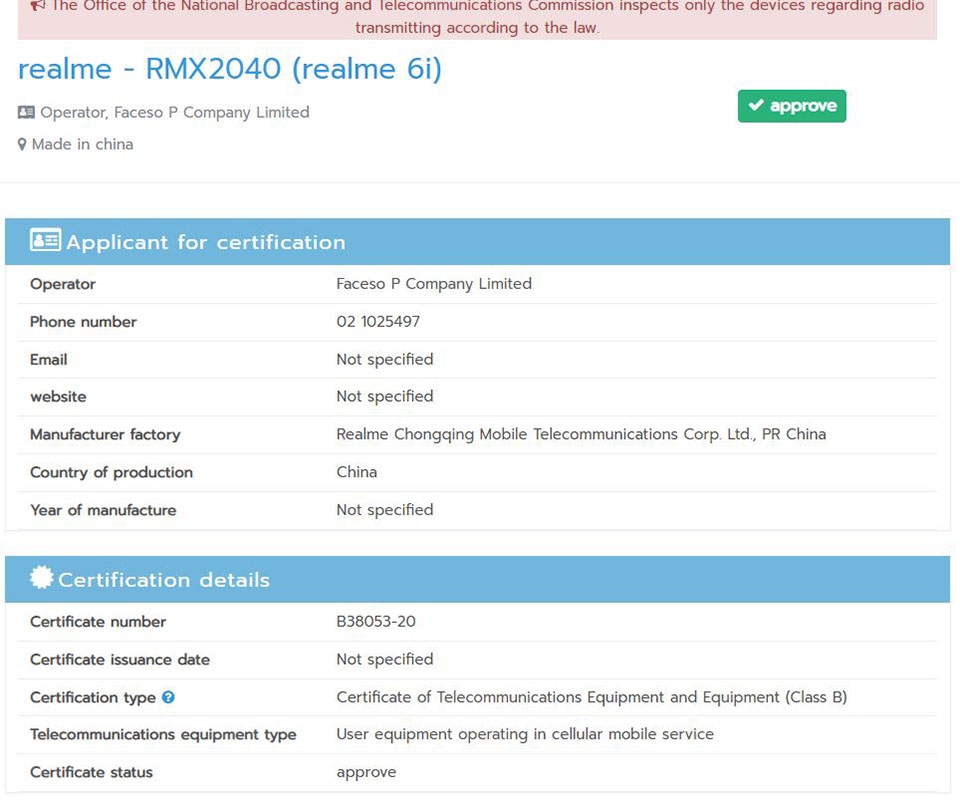 Realme 6i đạt chứng nhận NBTC
