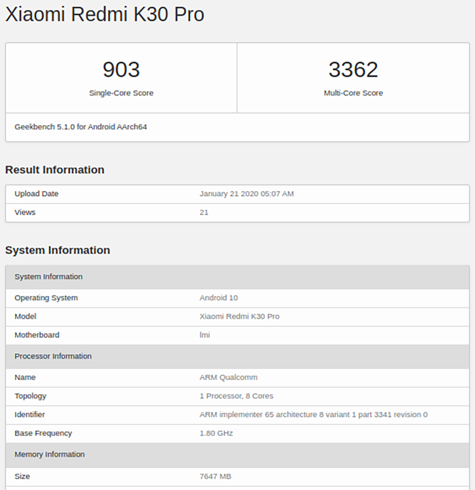 Redmi K30 Pro xuất hiện trên Geekbench Redmi K30 Pro xuất hiện trên Geekbench