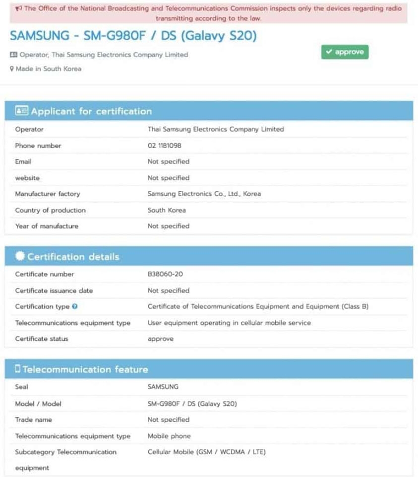 Galaxy S20 đạt chứng nhận NBTC Galaxy S20 đạt chứng nhận NBTC