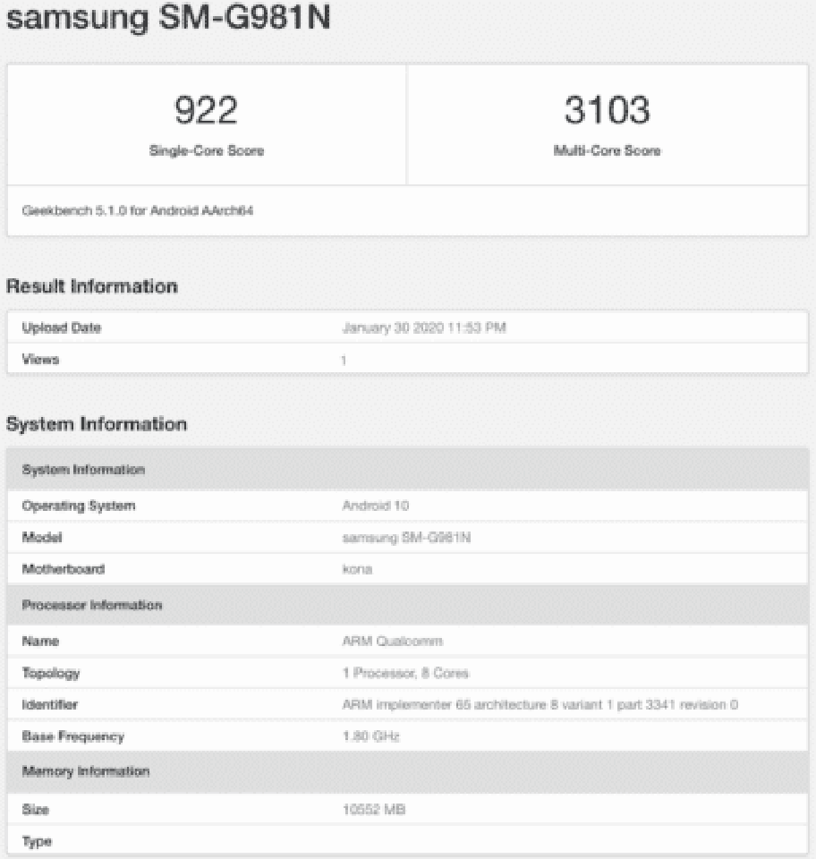 Điểm Geekbench Galaxy S20 Điểm Geekbench Galaxy S20