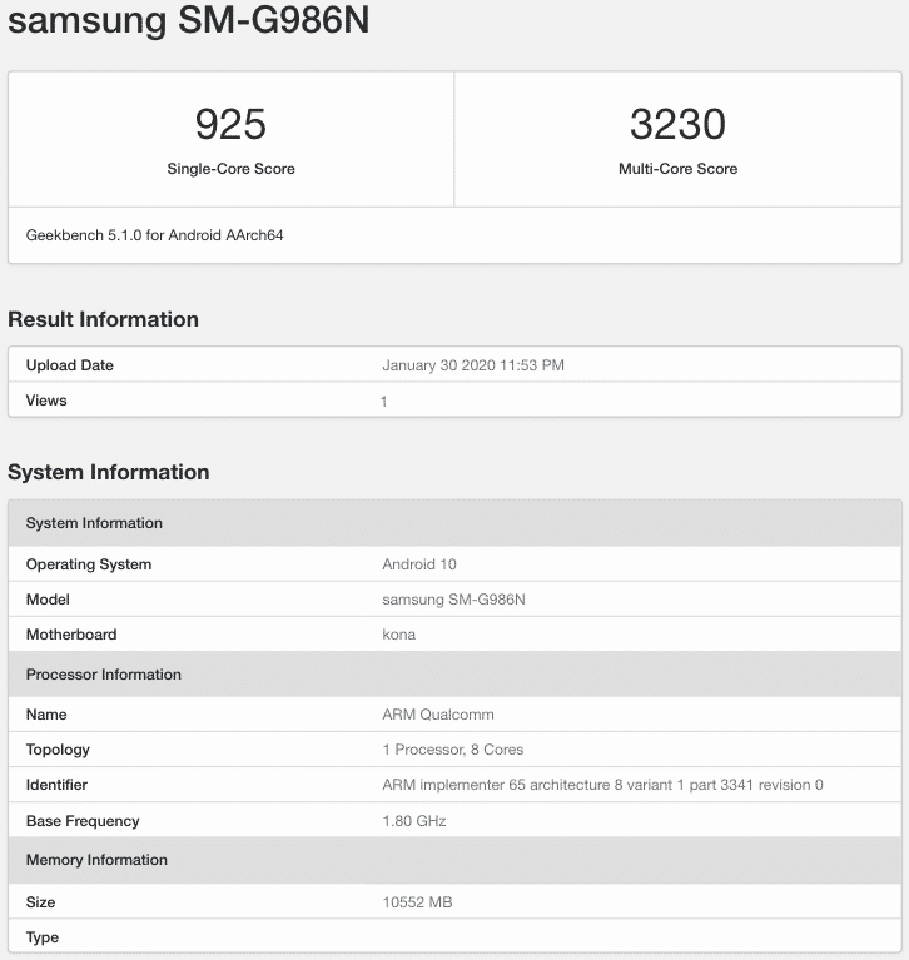 Điểm Geekbench Galaxy S20+ Điểm Geekbench Galaxy S20+