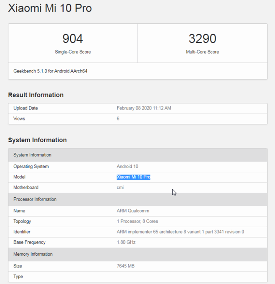 Xiaomi Mi 10 xuất hiện trên Geekbench Xiaomi Mi 10 xuất hiện trên Geekbench