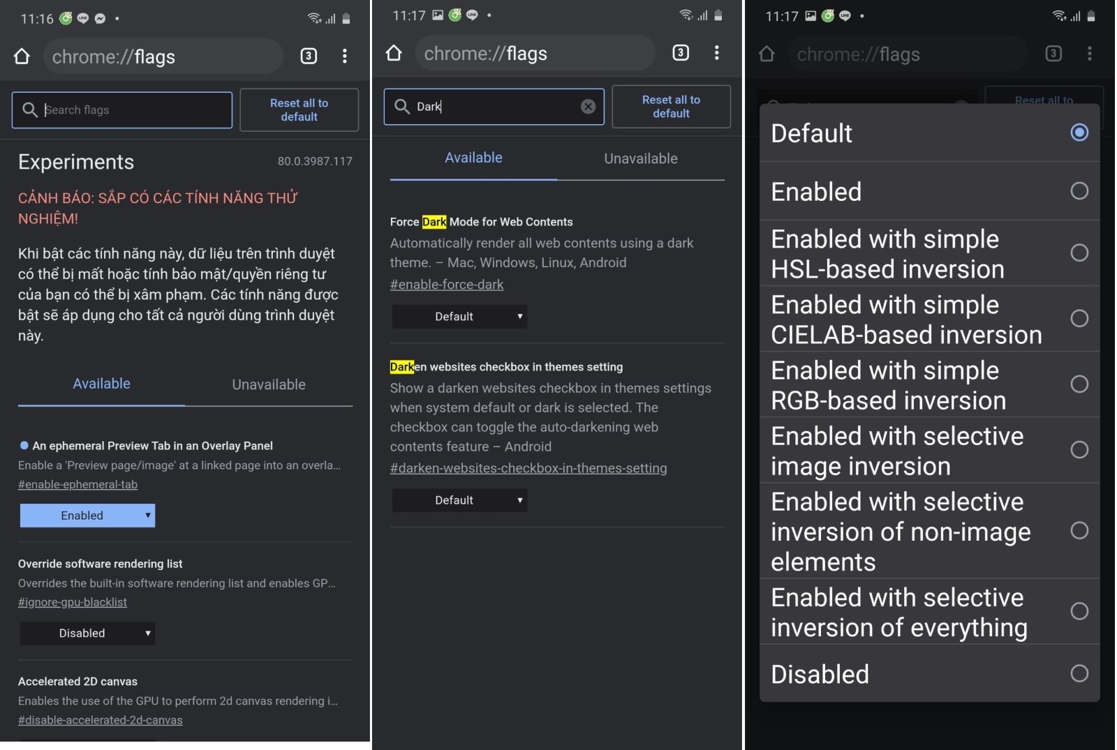 kích hoạt chế độ tối