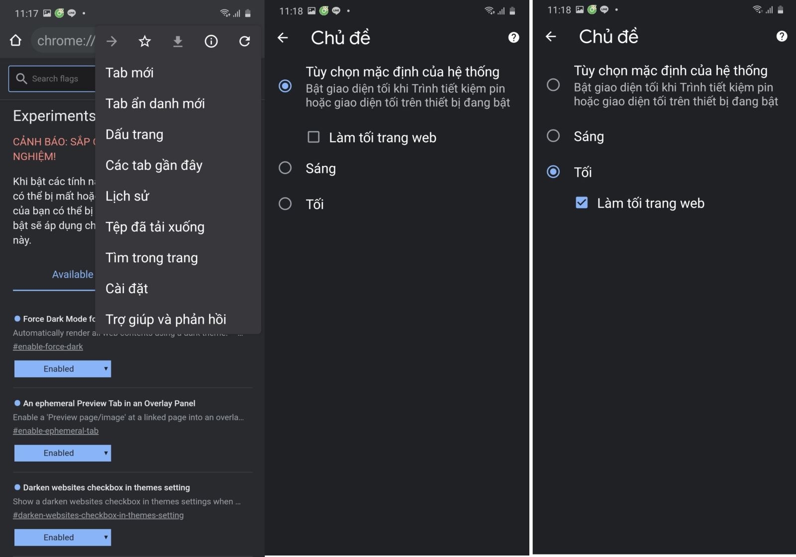 kích hoạt chế độ tối
