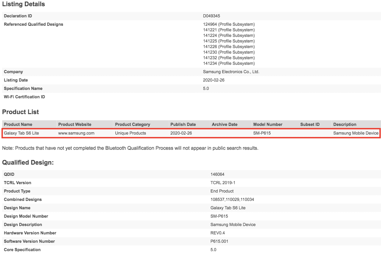 Samsung Galaxy Tab S6 Lite đạt chứng nhận Bluetooth SIG