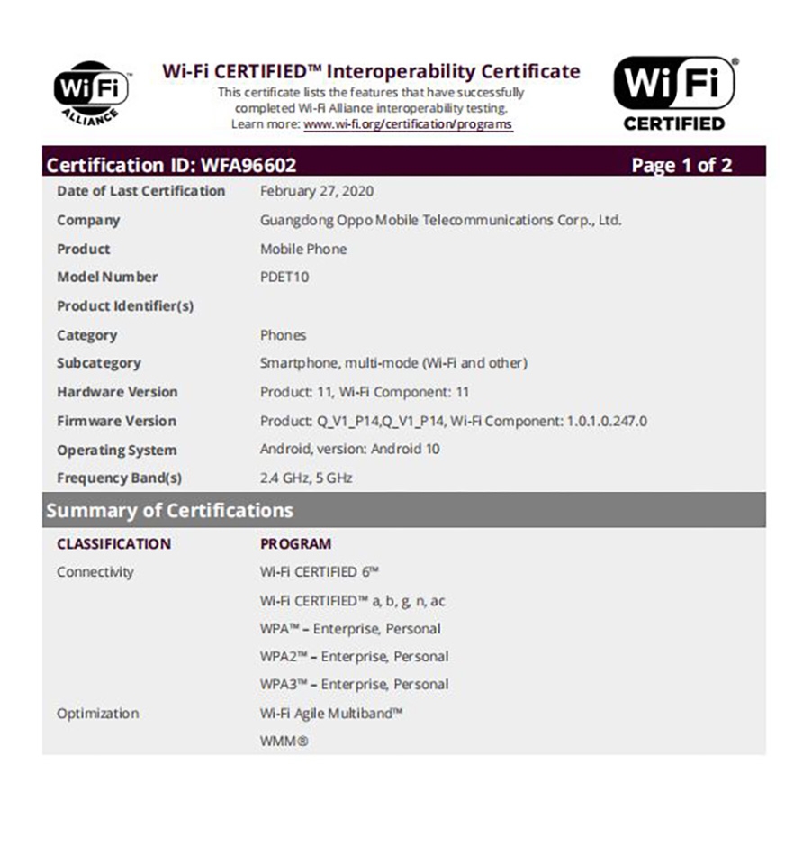 OPPO Find X2 series đạt chứng nhận WiFi (ảnh 1)