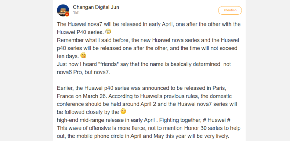 Huawei Nova 7 sẽ ra mắt vào đầu tháng 4