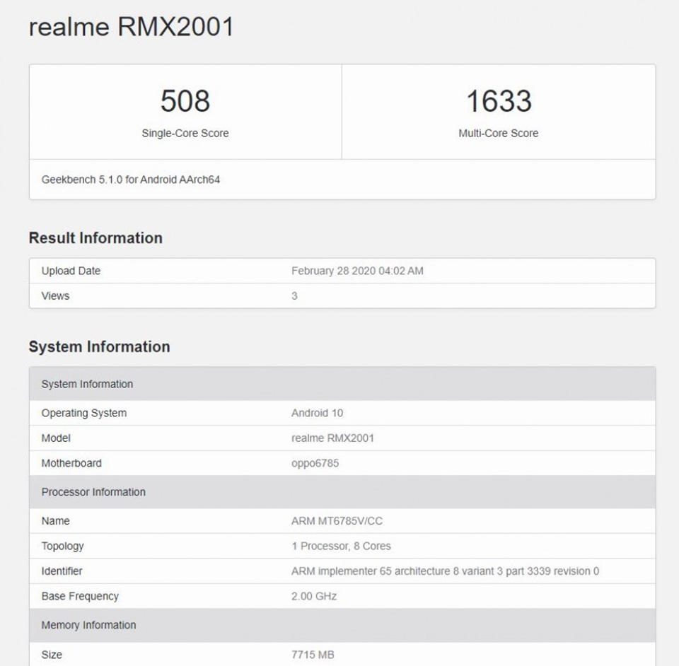 Realme 6 lộ cấu hình trên Geekbench Realme 6 lộ cấu hình trên Geekbench
