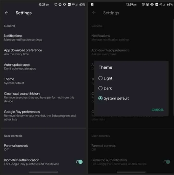 Google Play Store có tuỳ chọn bật/tắt Dark Mode, chỉ hỗ trợ từ Android 10