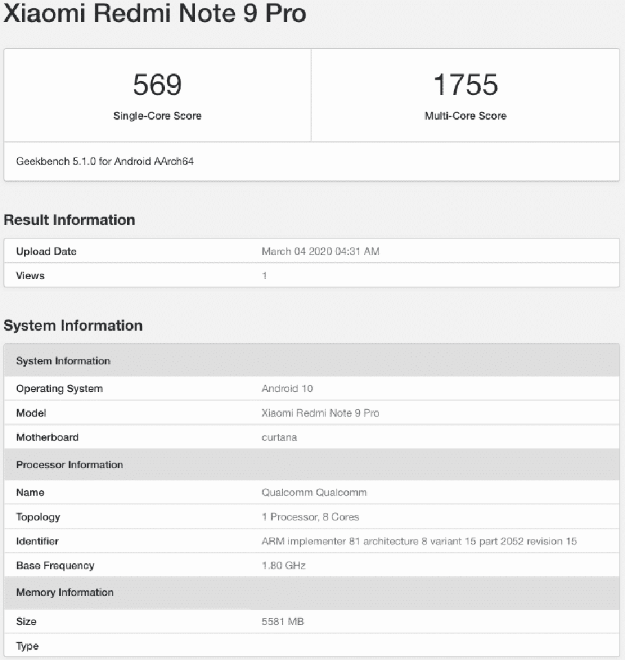 Redmi Note 9 Pro xuất hiện trên Geekbench Redmi Note 9 Pro xuất hiện trên Geekbench