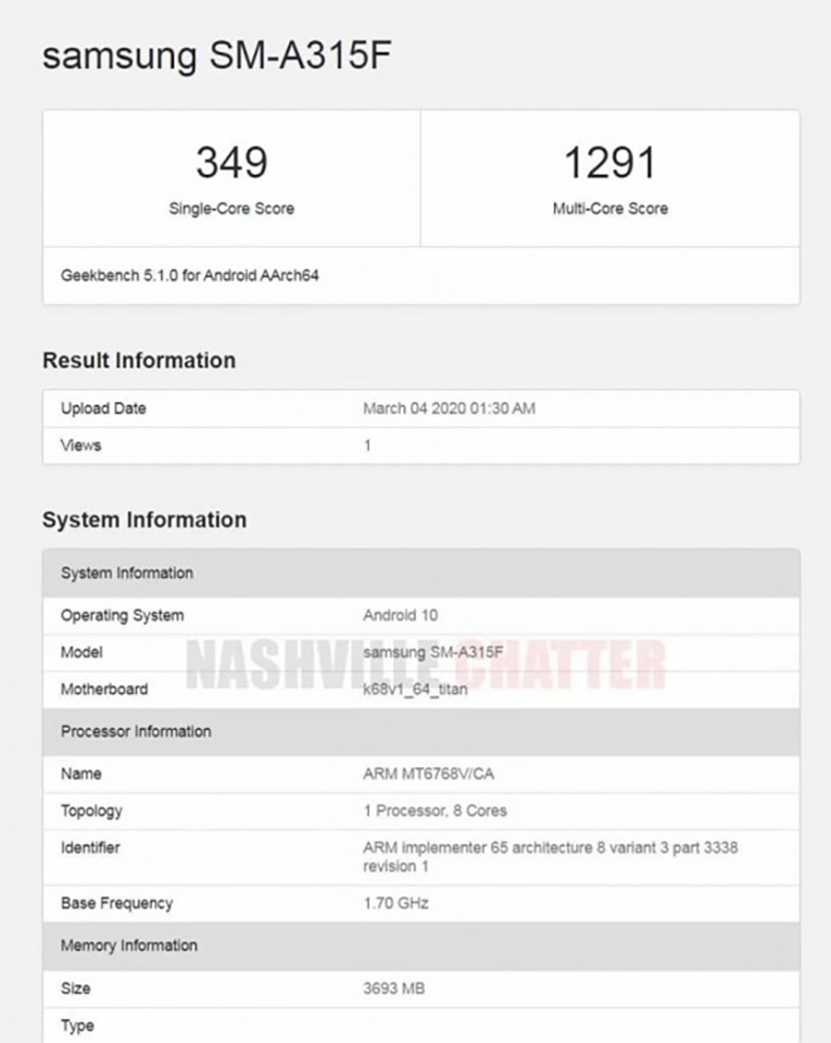 Galaxy A31 lộ cấu hình trên Geekbench Galaxy A31 lộ cấu hình trên Geekbench