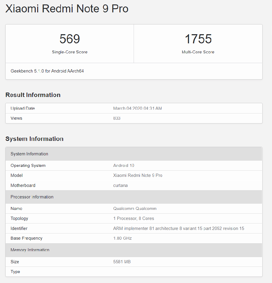 Redmi Note 9 Pro xuất hiện trên Geekbench Redmi Note 9 Pro xuất hiện trên Geekbench